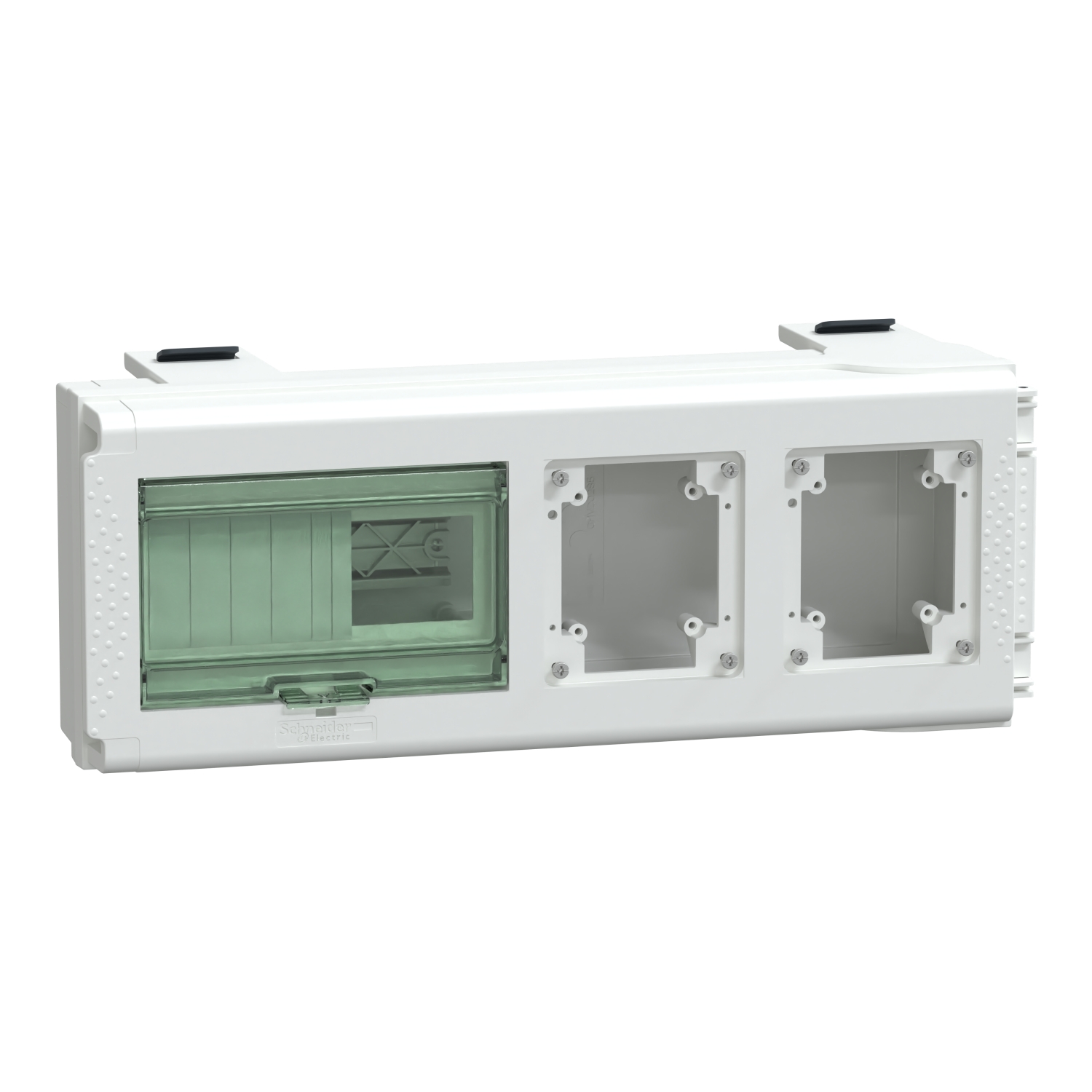 Weiße elektrische Abzweigdose mit transparentem grünen Deckel links und drei leeren Einheiten rechts, geeignet für Schaltkomponenten.
