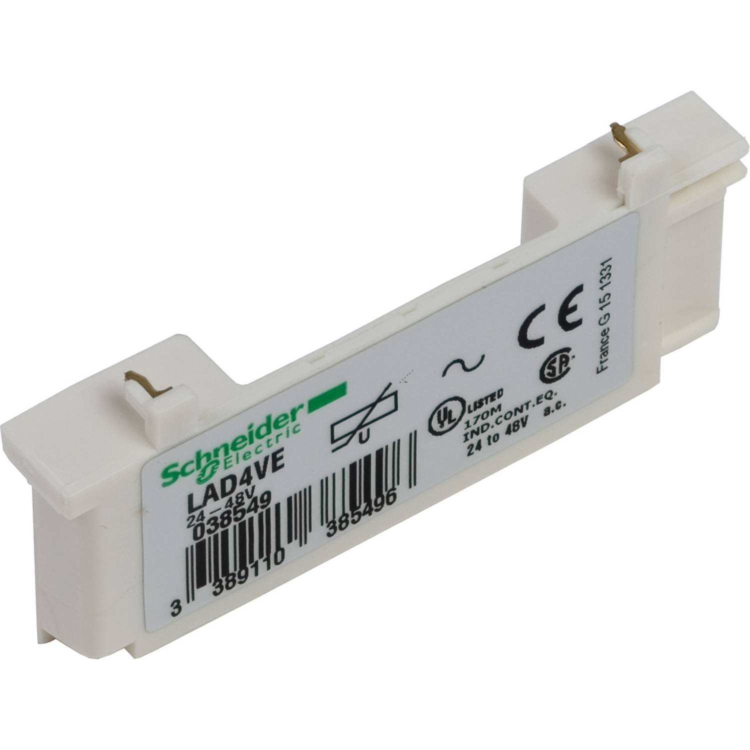 Sicherheitskennzeichen auf einem weißen elektrischen Kontaktblock von Schneider Electric, Modell LAD4VE, mit Zertifizierungslogos.