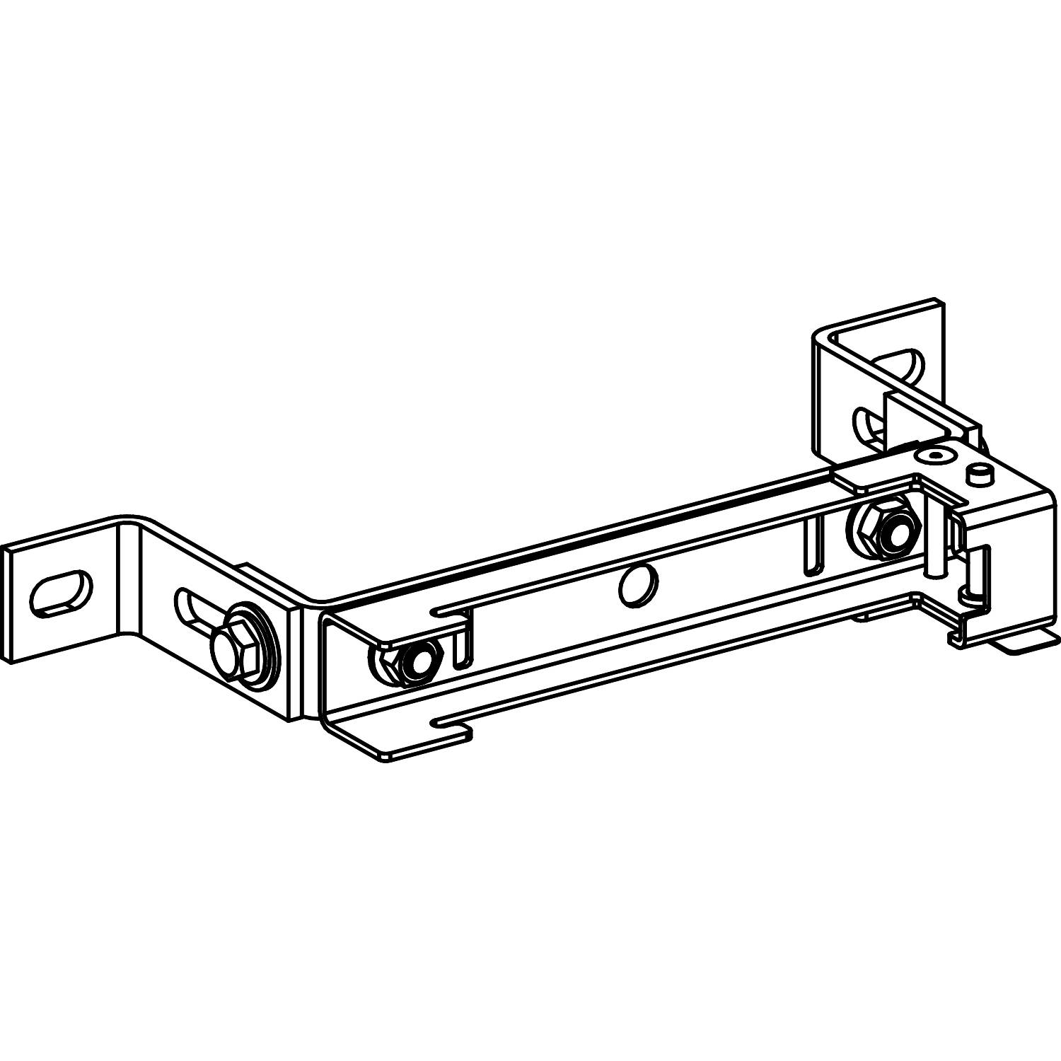 Technische Zeichnung einer Metallhalterung mit rechteckigen Platten und Schrauböffnungen. Geeignet für die Montage an flachen Oberflächen.