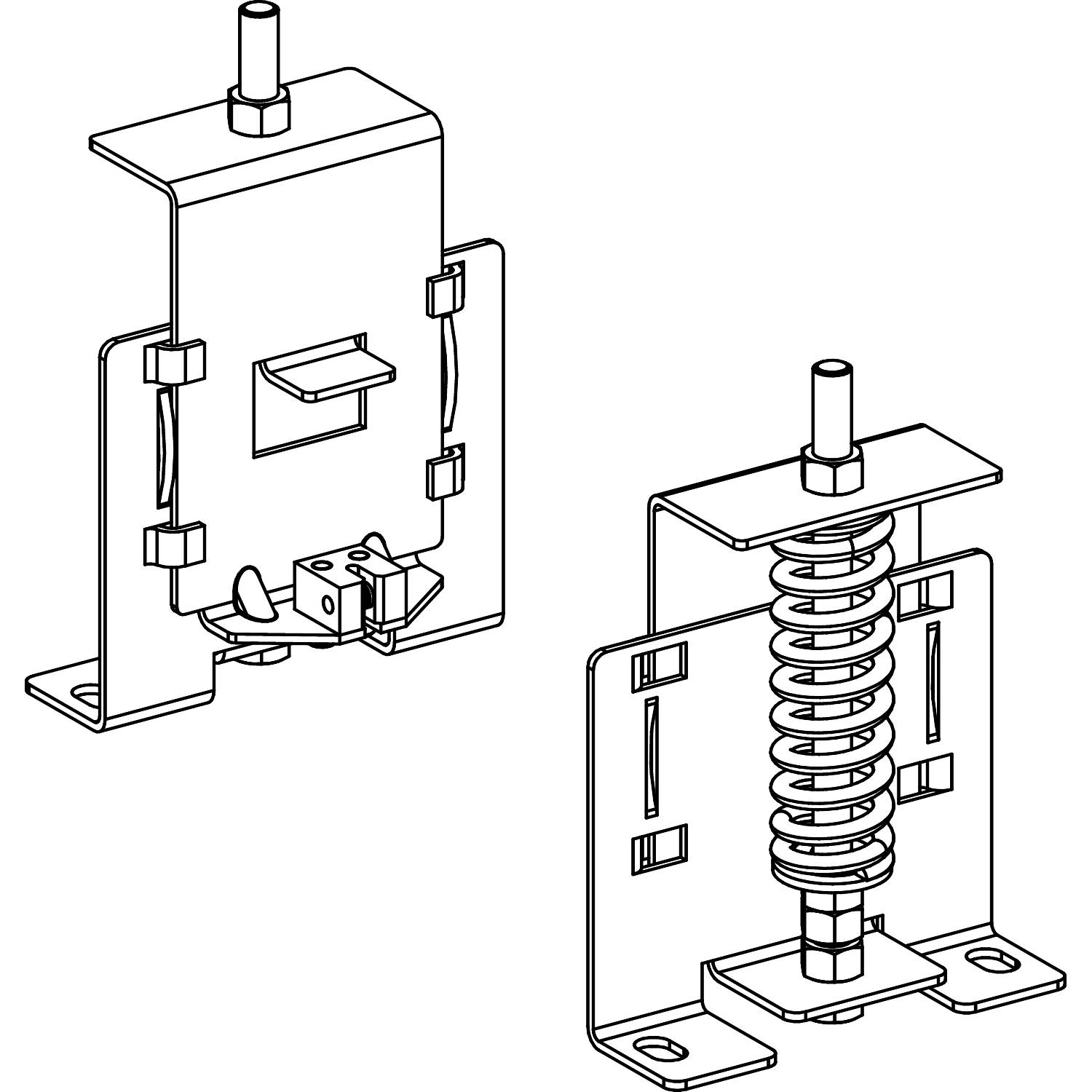 Zwei technische Zeichnungen von Spann- und Haltevorrichtungen, eventuell für Maschinenbau. Links: Öffnungsmechanismus, rechts: Federmechanismus.