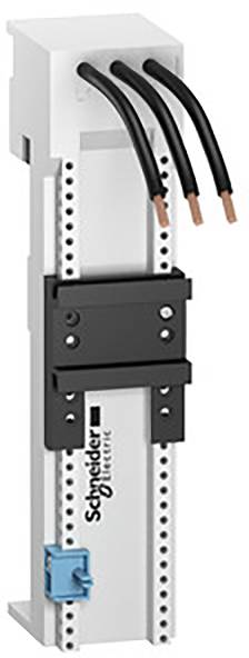 Ein weißer elektrischer Leistungsschalter von 'Schneider Electric' mit drei schwarzen Kabeln oben, montiert auf einer Halterung.