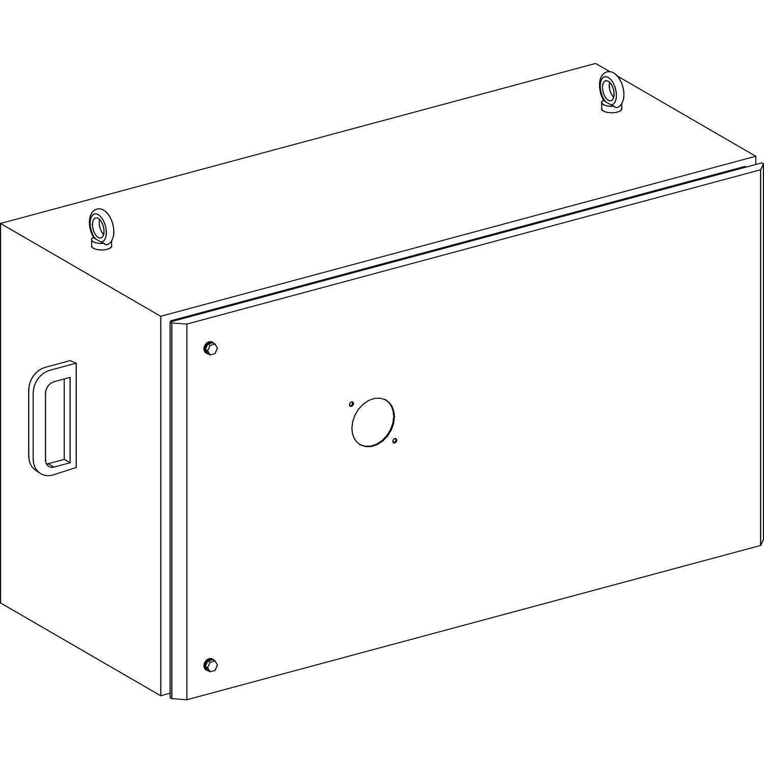 Ein rechteckiges, technisches Gehäuse mit einer Tür und vier Schraubenlöchern, geeignet zur Wandmontage, ohne weitere Details.