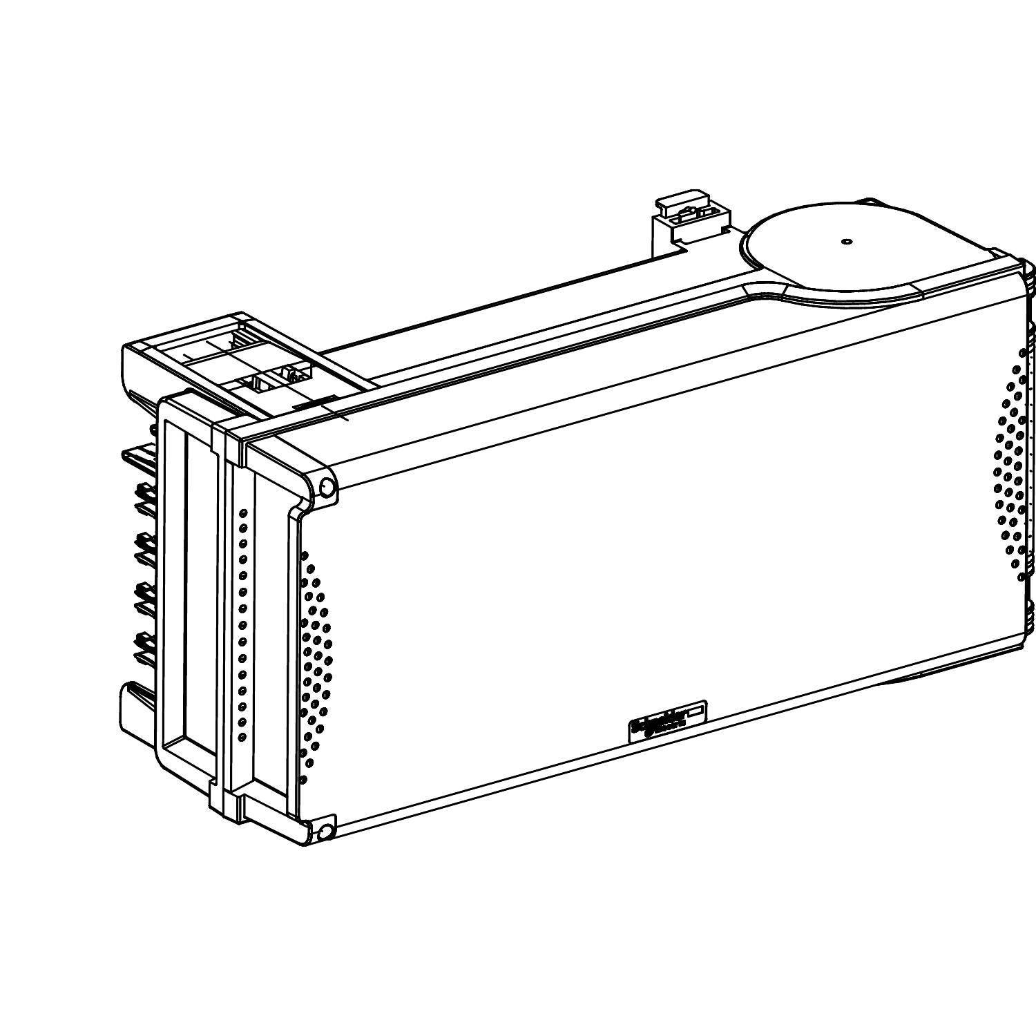 Illustration einer rechteckigen elektrischen Komponente mit mehreren Anschlüssen, wahrscheinlich ein Gerät zur Steuerung oder Verbindung elektrischer Systeme.