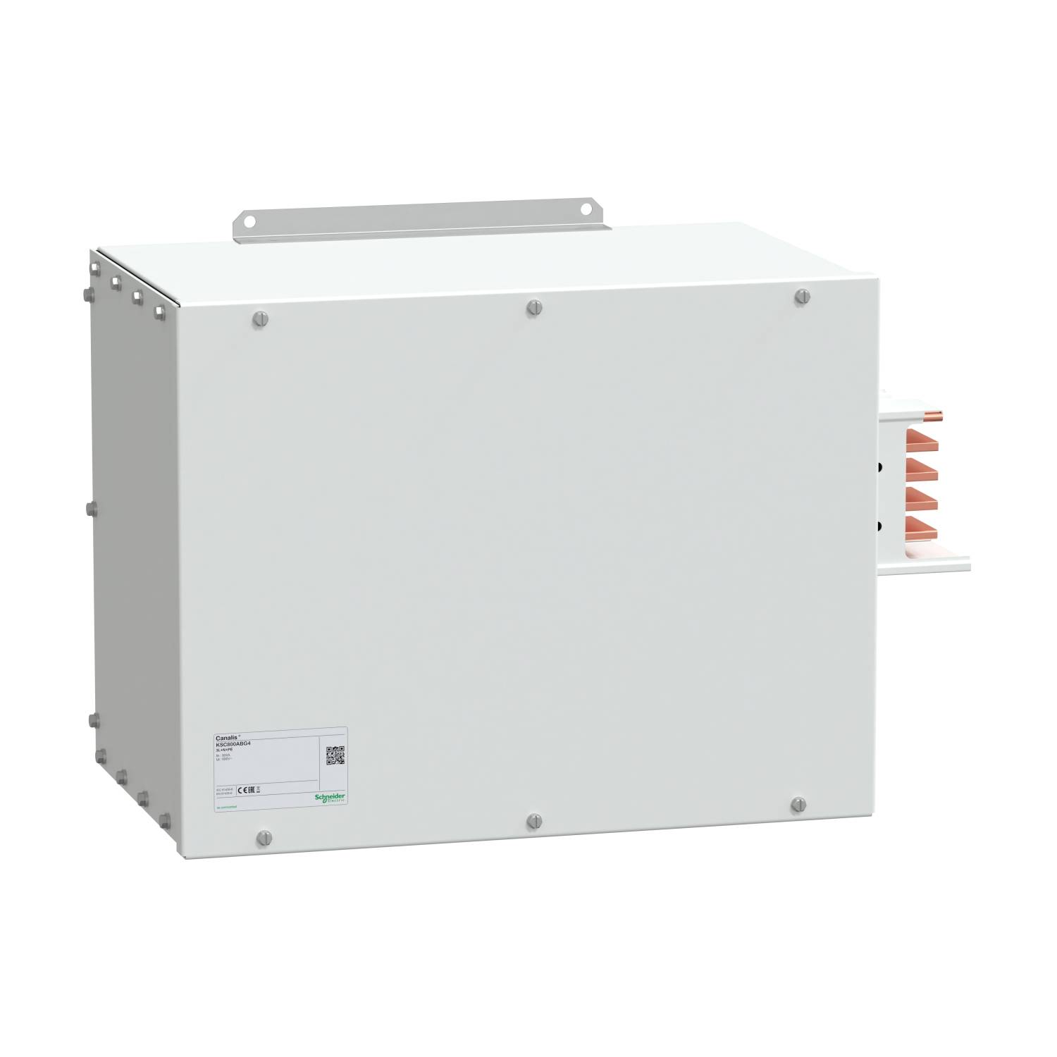 Ein rechteckiger, weißer Transformator mit Metallgehäuse, seitlichen Kupferanschlüssen und einem Etikett auf der Vorderseite.