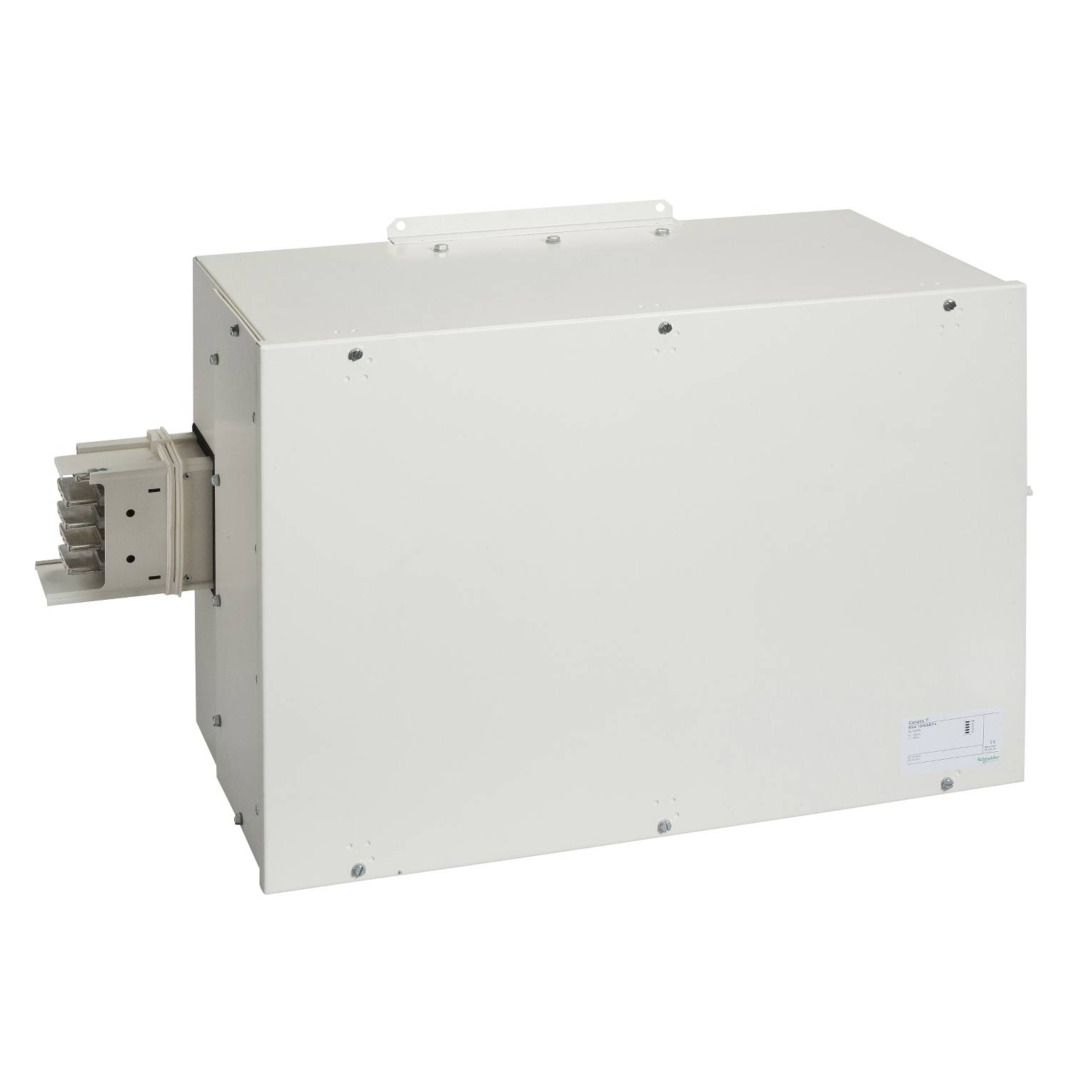Ein rechteckiges, weißes elektronisches Gerät mit sichtbaren Steckverbindern auf der linken Seite, montierbar an Wänden.