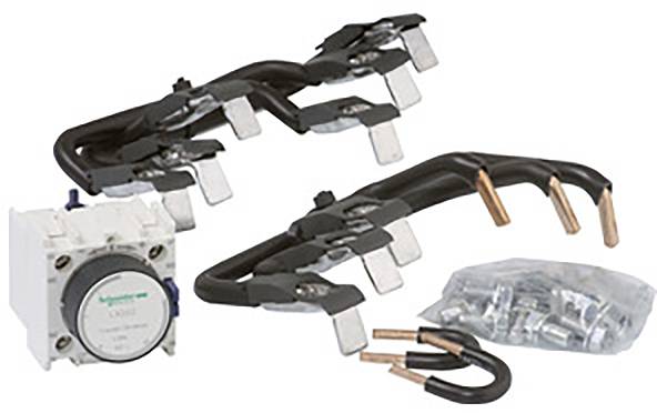 Elektrisches Schalterbauteil-Set mit Schalter, Kabeln und Klemmen. Enthält Markenaufschrift 'Schneider Electric'.