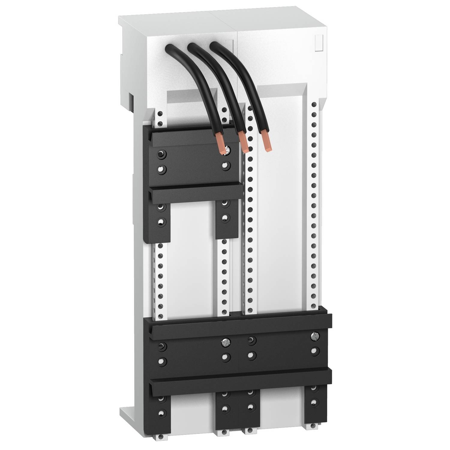 Ein elektrischer Schaltschrank mit drei schwarzen Kabeln oben, umgeben von Metallleisten und Befestigungselementen.