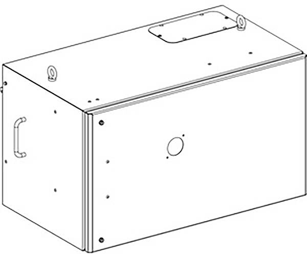 Isometrische Zeichnung eines rechteckigen Metallgehäuses mit seitlichem Griff und Befestigungsösen oben.