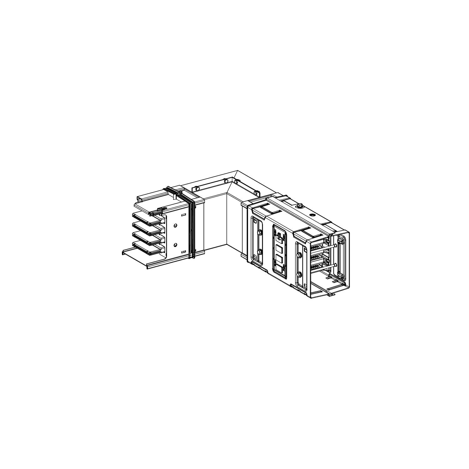 Isometrische technische Zeichnung eines industriegebundenen modularen Gehäuses mit offenen Fächern und Befestigungselementen.
