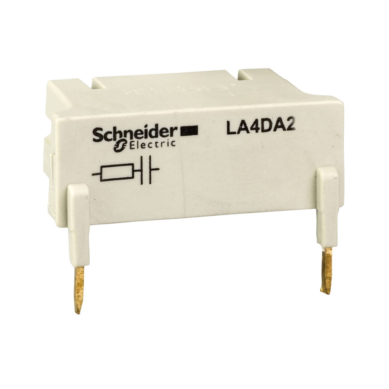 Ein weißes Relais von Schneider Electric mit der Modellnummer LA4DA2, zwei goldene Anschlussstifte, erkennbar durch das Logo.