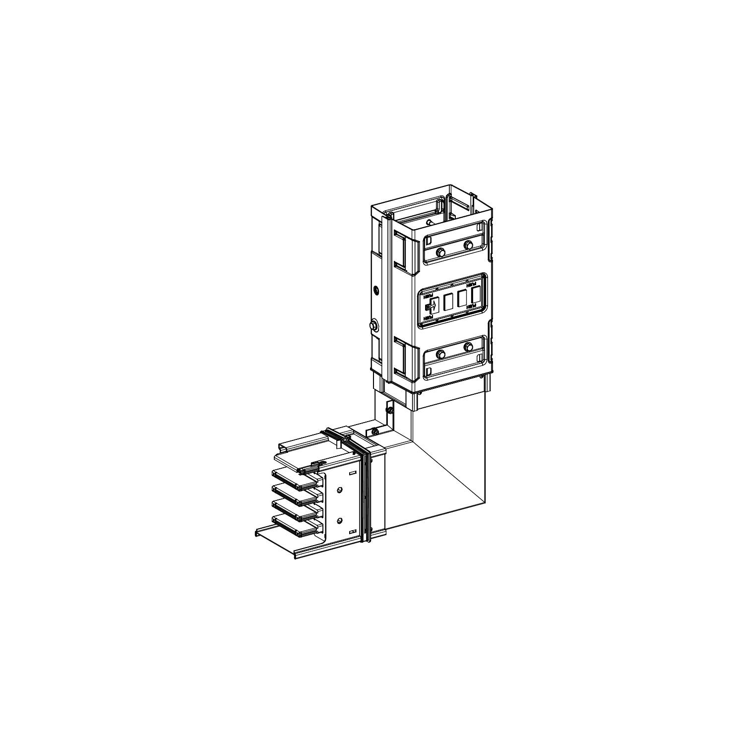 Ein technisches Diagramm eines elektrischen Schaltschranks mit mehreren Steckplätzen und einem Bedienfeld an der Oberseite.