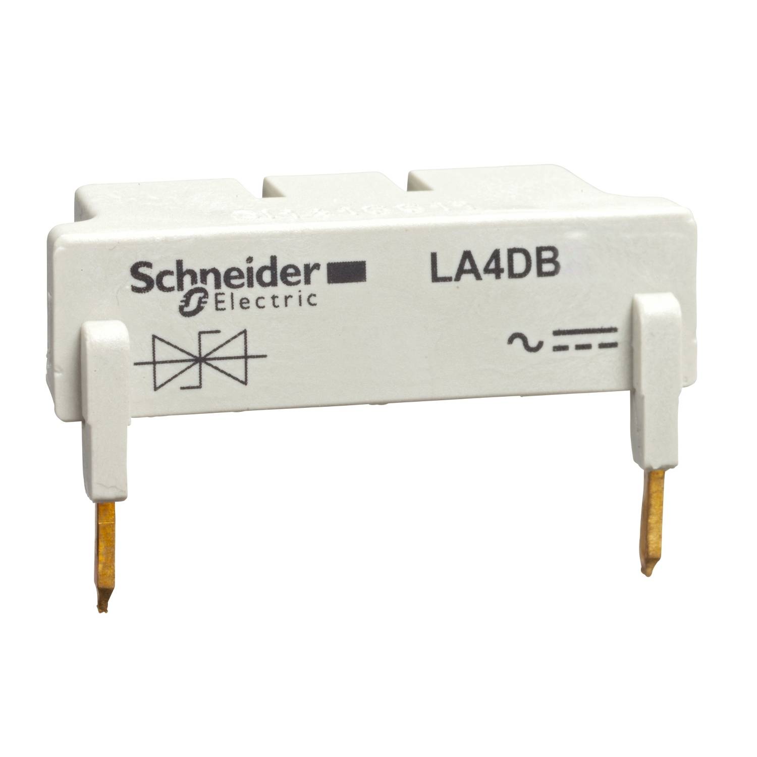 Kleines weißes Bauteil von Schneider Electric, Modell LA4DB, mit zwei goldenen Stiften. Symbol zeigt Wechselstrom.