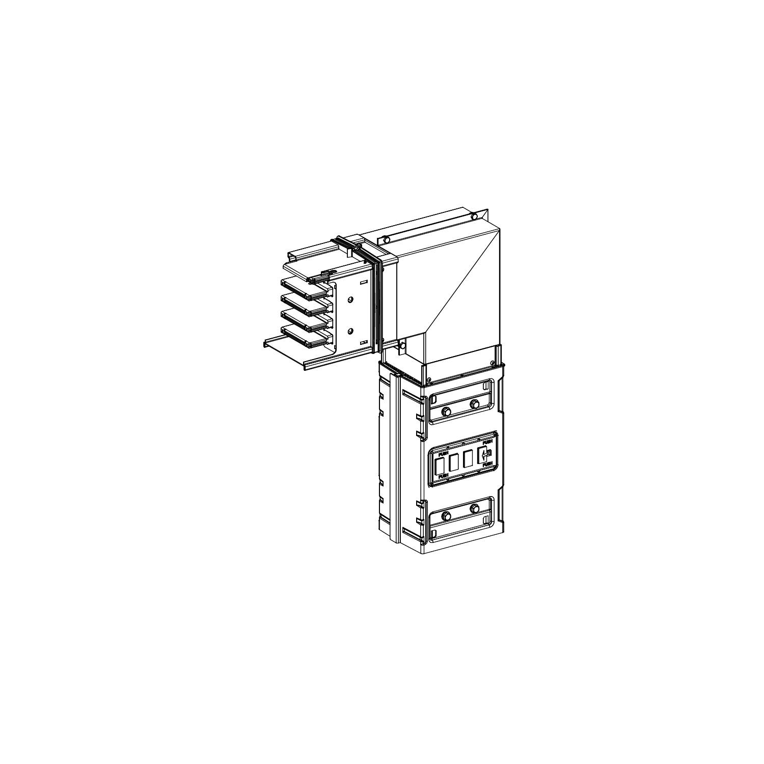 Zeichnung eines elektrischen Schalters mit Anschlussklemmen und Gehäuse. Zeigt Anordnung und Anschlüsse für technische Installation.