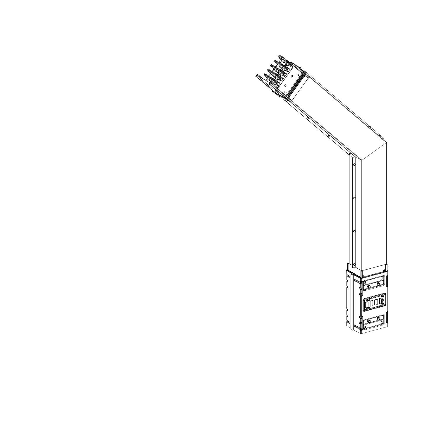 Ein technisches Diagramm eines geknickten Kabelkanals mit Klemmschienensystem, dargestellt in vereinfachter, isometrischer Ansicht.