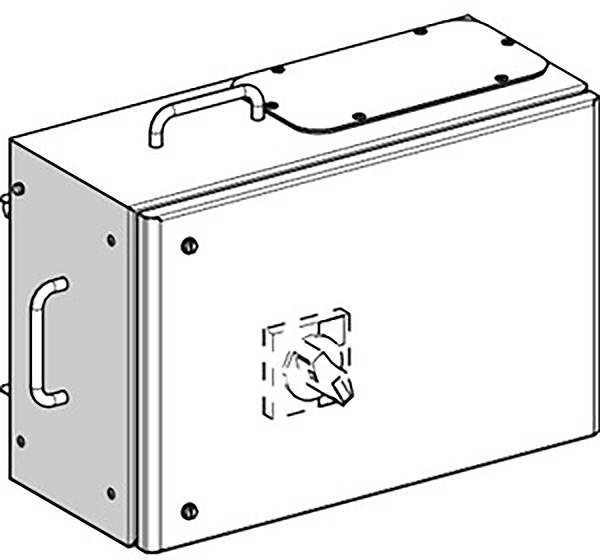 Technische Zeichnung eines rechteckigen Elektroschalters mit Griffen und einem Schalter auf der Vorderseite.