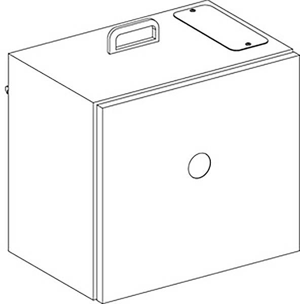 Illustration eines Quaders mit Griff oben und einer kleinen runden Öffnung an der Seite. Möglicherweise ein tragbarer Behälter.