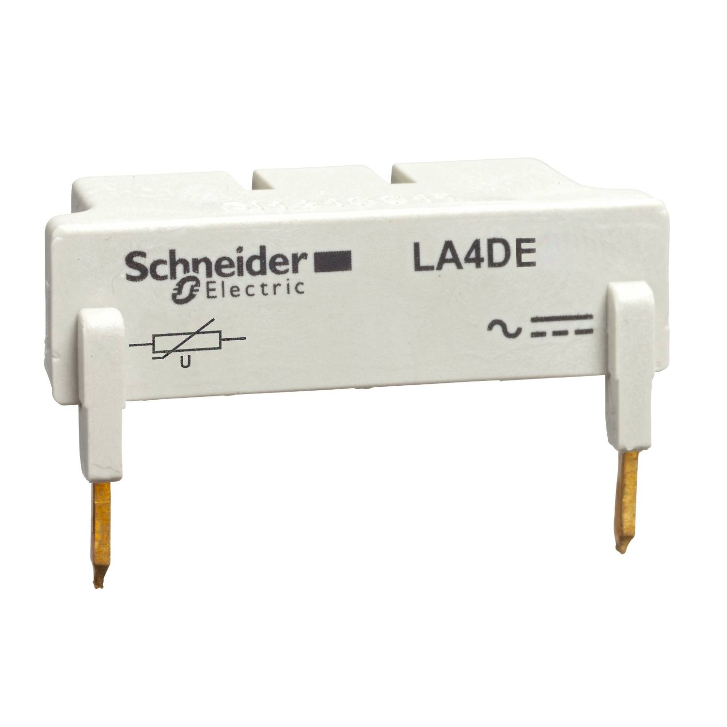 Ein weißes elektrisches Relais von Schneider Electric mit zwei goldenen Anschlüssen und dem Text 'LA4DE', Symbolen für Strom und Spannung.