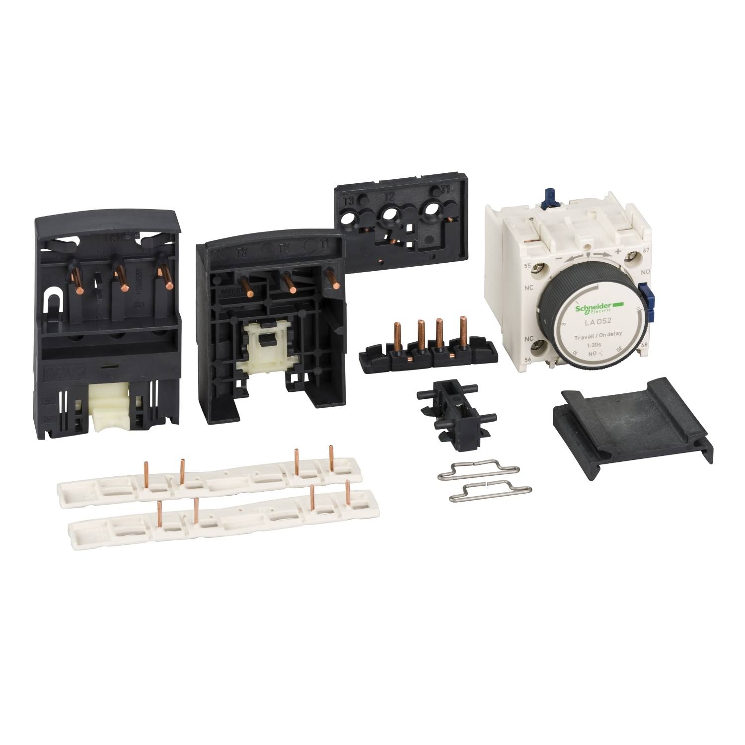Ein zerlegter Schütz eines Elektrikunternehmens, bestehend aus mehreren Einzelteilen, darunter Gehäuse und elektrische Kontakte.
