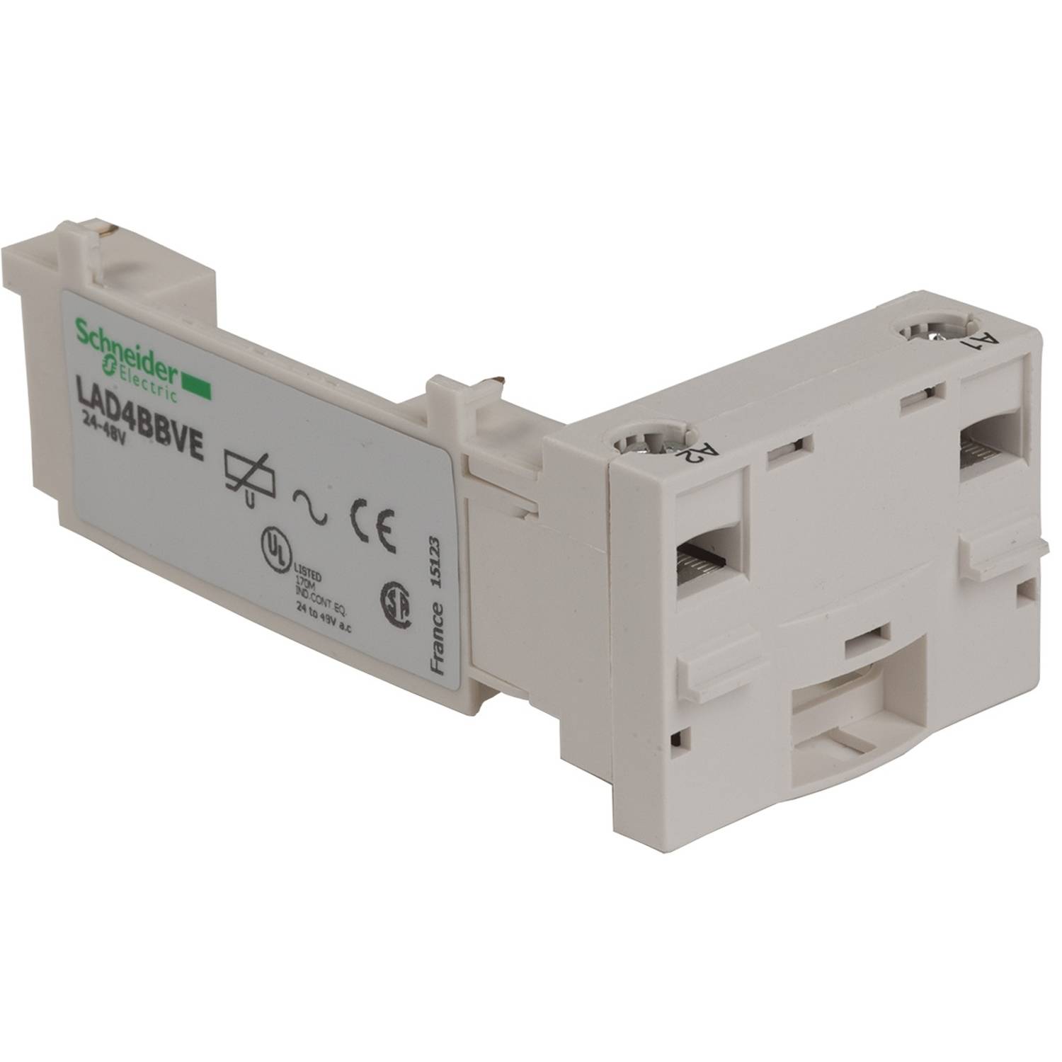 Ein weißes elektrisches Bauteil der Marke 'Schneider Electric', Modell LAD4BVE, 24-60V, mit CE-Kennzeichnung und technischen Spezifikationen.