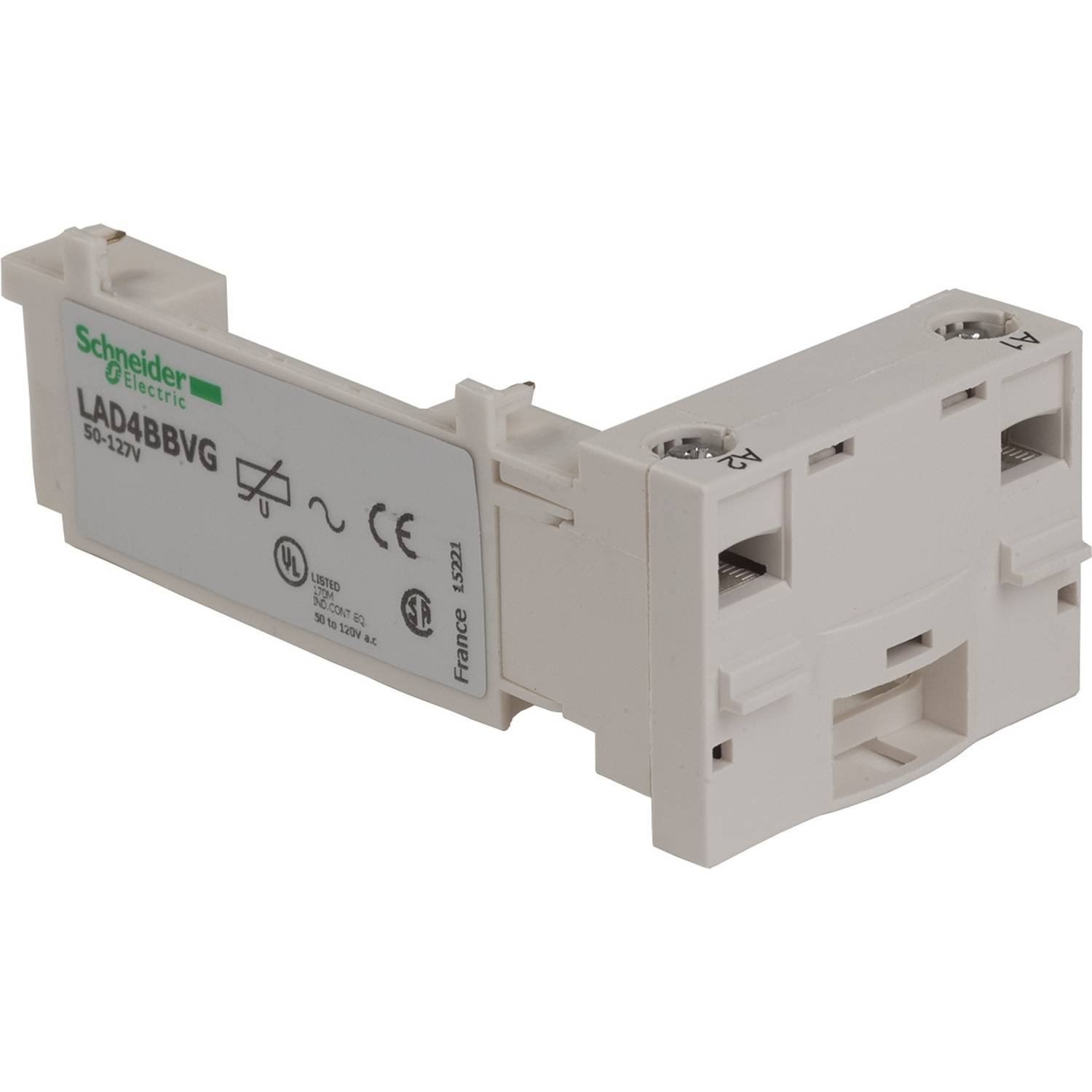 Weißes elektrisches Bauteil mit der Aufschrift 'Schneider Electric' und Modellbezeichnung 'LAD4BBVG'. Es hat Anschlüsse und technische Symbole.