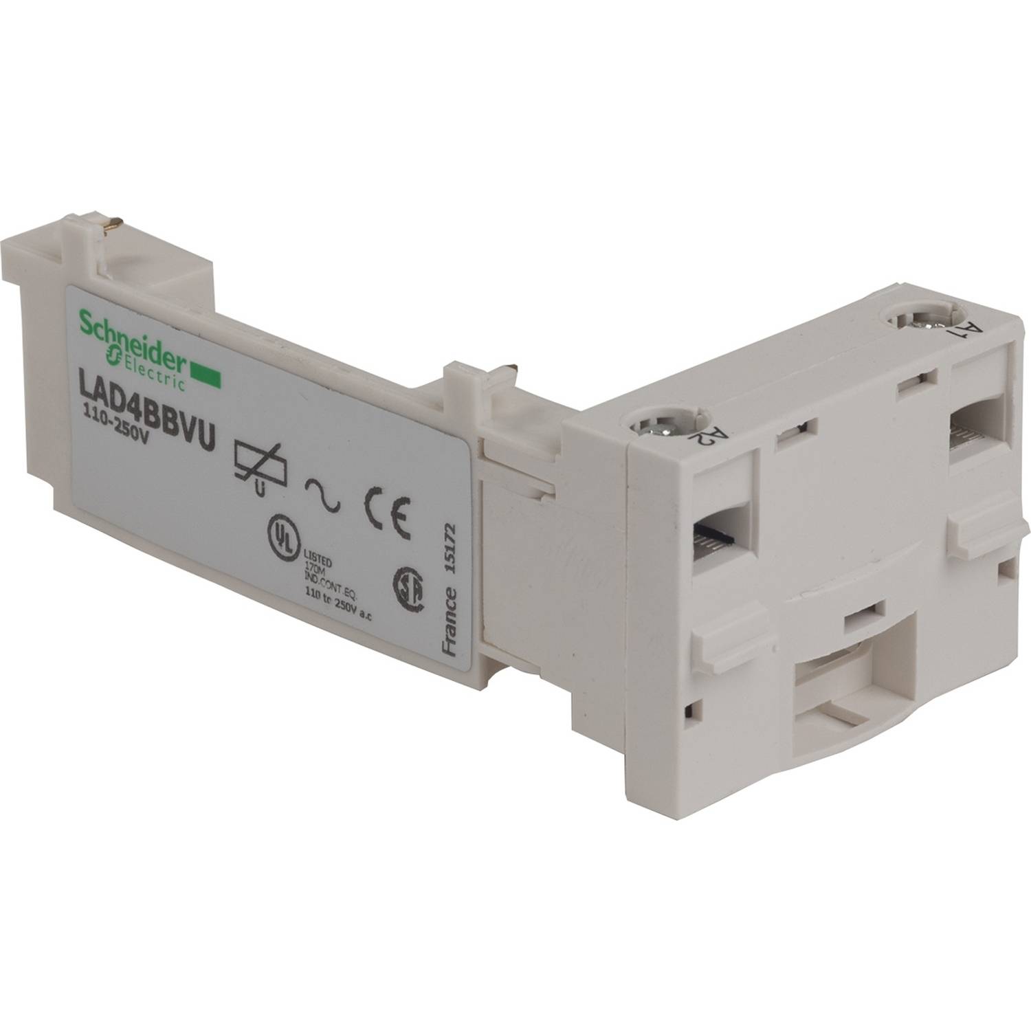 'Schneider Electric LAD4BBVU' Hilfsschalterblock, seitlich montiert, mit CE- und UL-Zertifizierung, für industrielle Anwendungen.