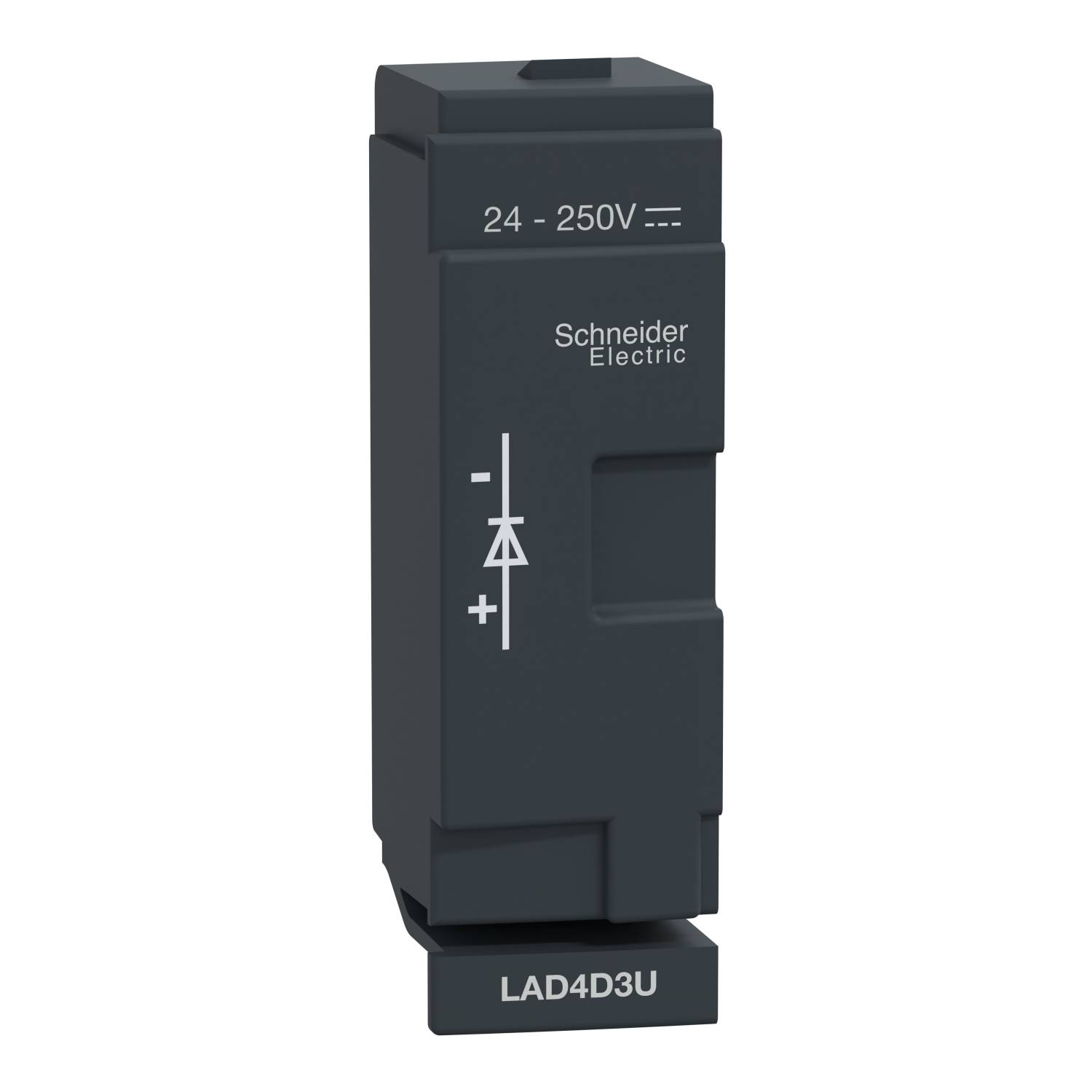 Schwarzes elektrisches Modul mit Aufschrift 'Schneider Electric' und '24-250V', Modellnummer 'LAD4D3U', zeigt Schaltsymbol.