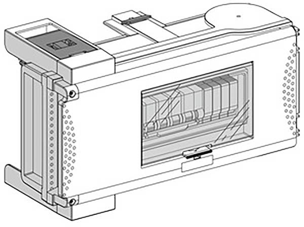 Technische Zeichnung eines elektronischen Geräts mit klar sichtbaren Komponenten und Anschlüssen.