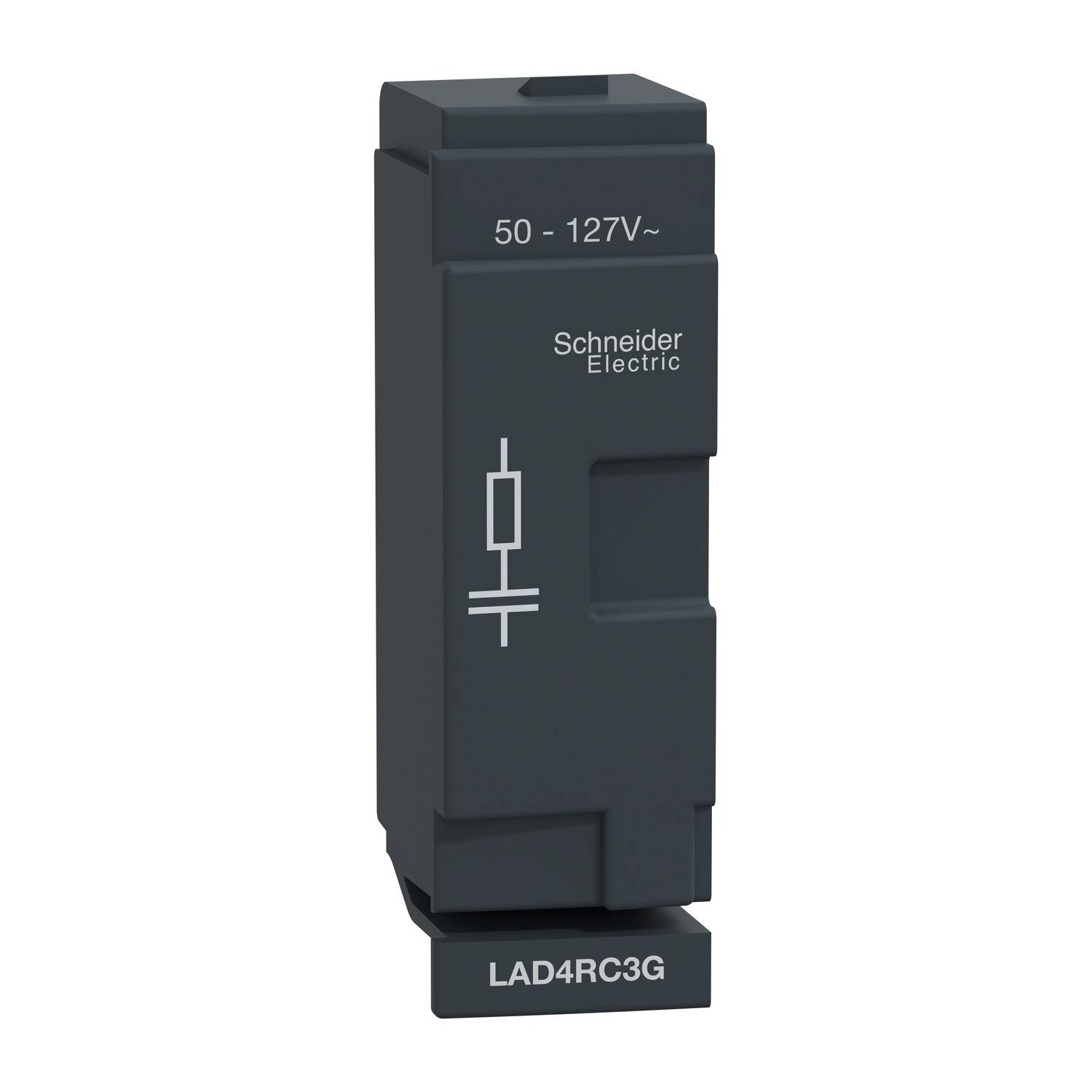 Ein elektrisches Gerät von Schneider Electric mit der Aufschrift '50 - 127V~', Symbol und Modellnummer 'LAD4RC3G'.