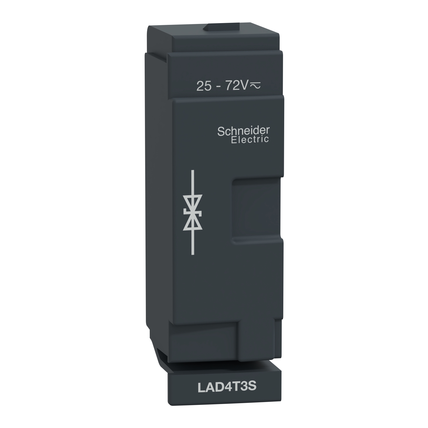 Ein schwarzer Überspannungsschutzbaustein von Schneider Electric, kompatibel mit Spannungen von 25-72V. Modellnummer: LAD4T3S.