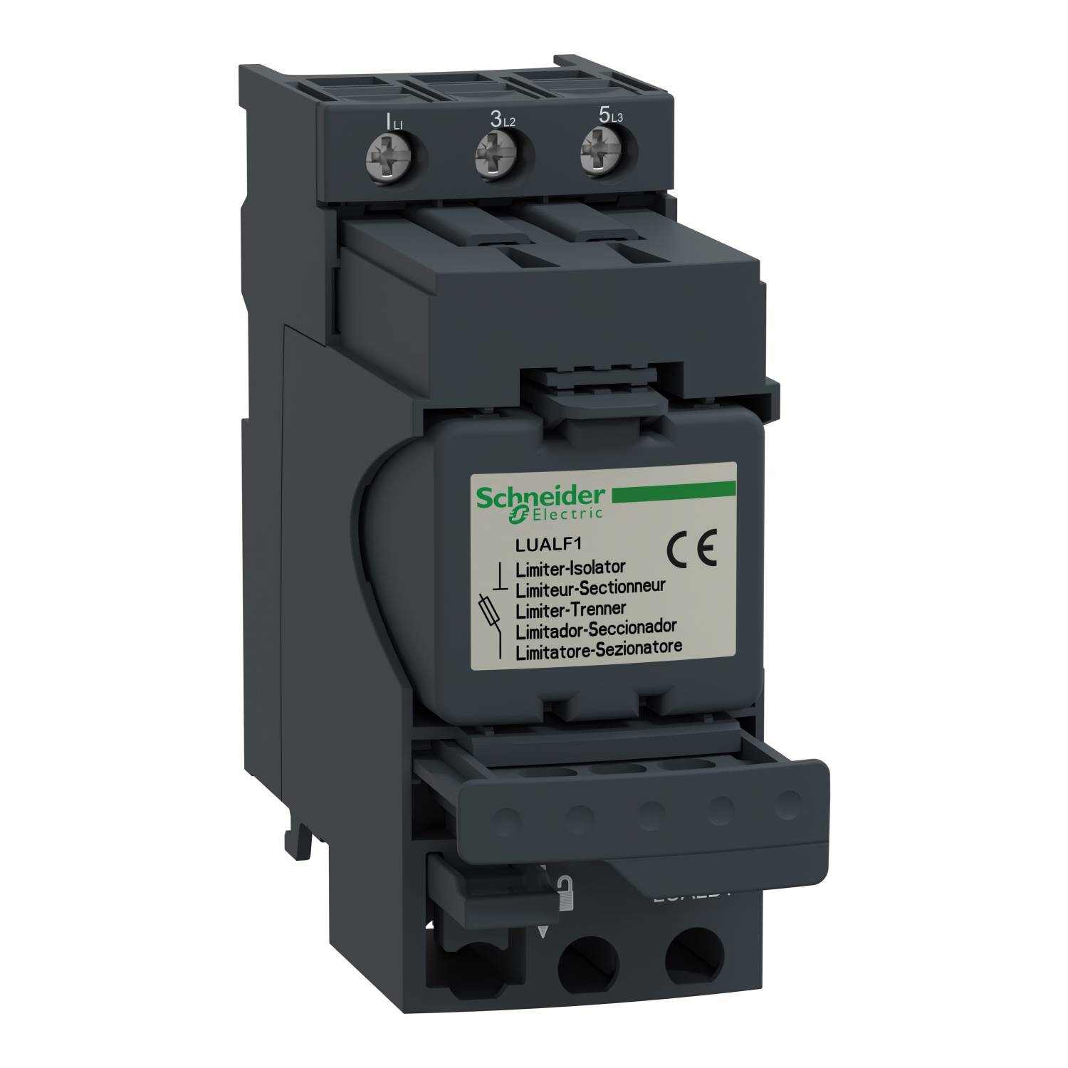 Ein schwarzer Lasttrennschalter von Schneider Electric mit sichtbaren Anschlüssen und Beschriftung in mehreren Sprachen.