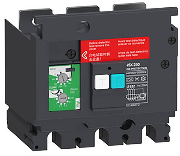 Schwarzer elektrischer Schutzschalter mit beschrifteten Bedienelementen und Anzeigen, rotes Warnschild mit mehreren Sprachen.