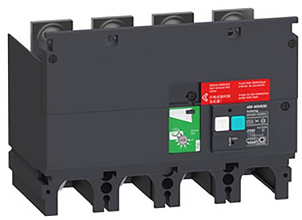 Ein schwarzer elektrischer Leistungsschalter mit mehreren Schaltern und Anzeigen, montiert auf einer Halterung, mit technischen Spezifikationen.