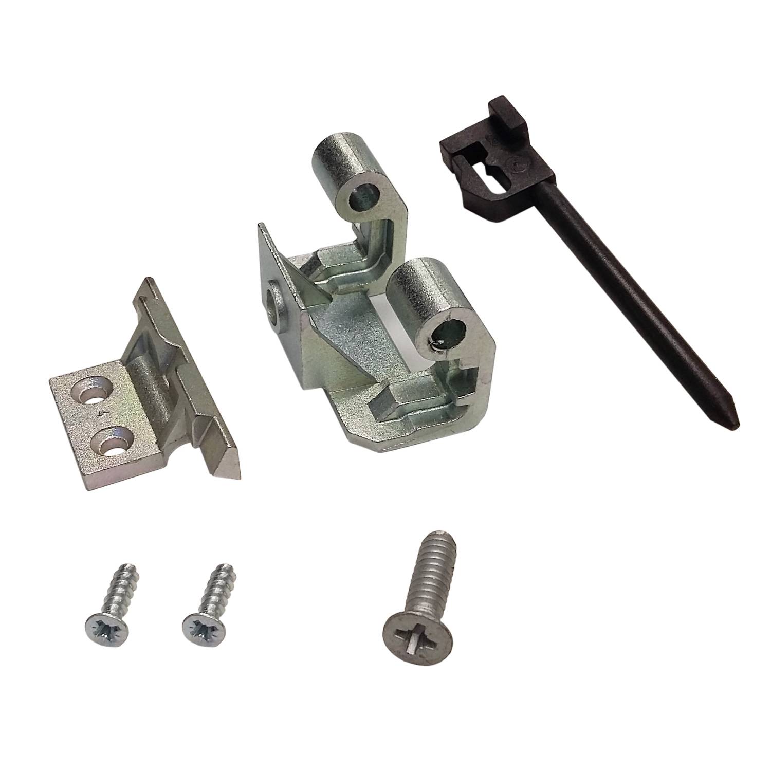 Ein Set von Metallbeschlägen inklusive dreier Schrauben, einem schwarzen Stift und zwei Scharnierteilen.