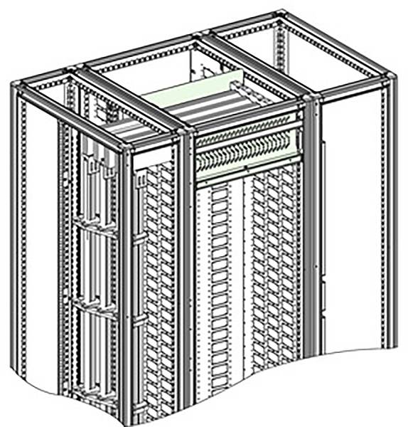 Eine schematische Darstellung eines offenen Server-Racks mit mehreren Einschüben. Die Struktur ist detailliert, mit sichtbaren Kabelkanälen.