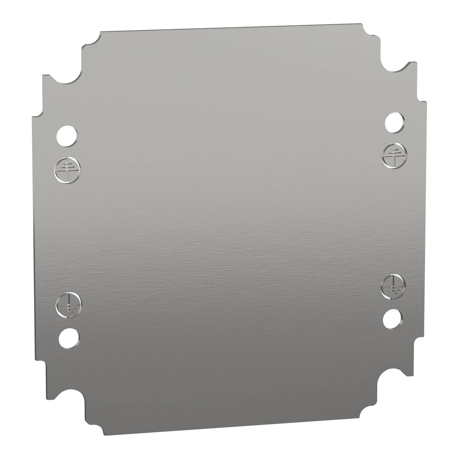 Eine quadratische, silberne Metallplatte mit abgerundeten Ecken und acht Bohrlöchern.