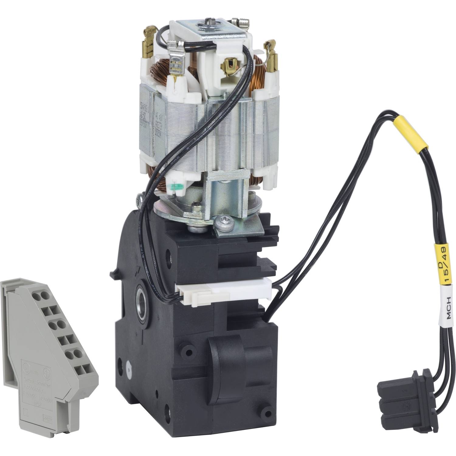 Elektromotor mit Verkabelung und elektrischen Anschlüssen. Daneben ein abnehmbares graues Bauteil. Geeignet für industrielle Anwendungen.