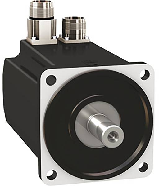 Ein schwarzer Servomotor mit silberner Vorderseite und zwei Kabelanschlüssen auf der Oberseite; verwendet in Automatisierungssystemen.