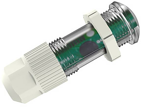 Ein durchsichtiges, zylindrisches Bauteil mit Gewinde an den Enden. Innen sind grüne Leiterplatten und ein schwarzer Chip sichtbar.
