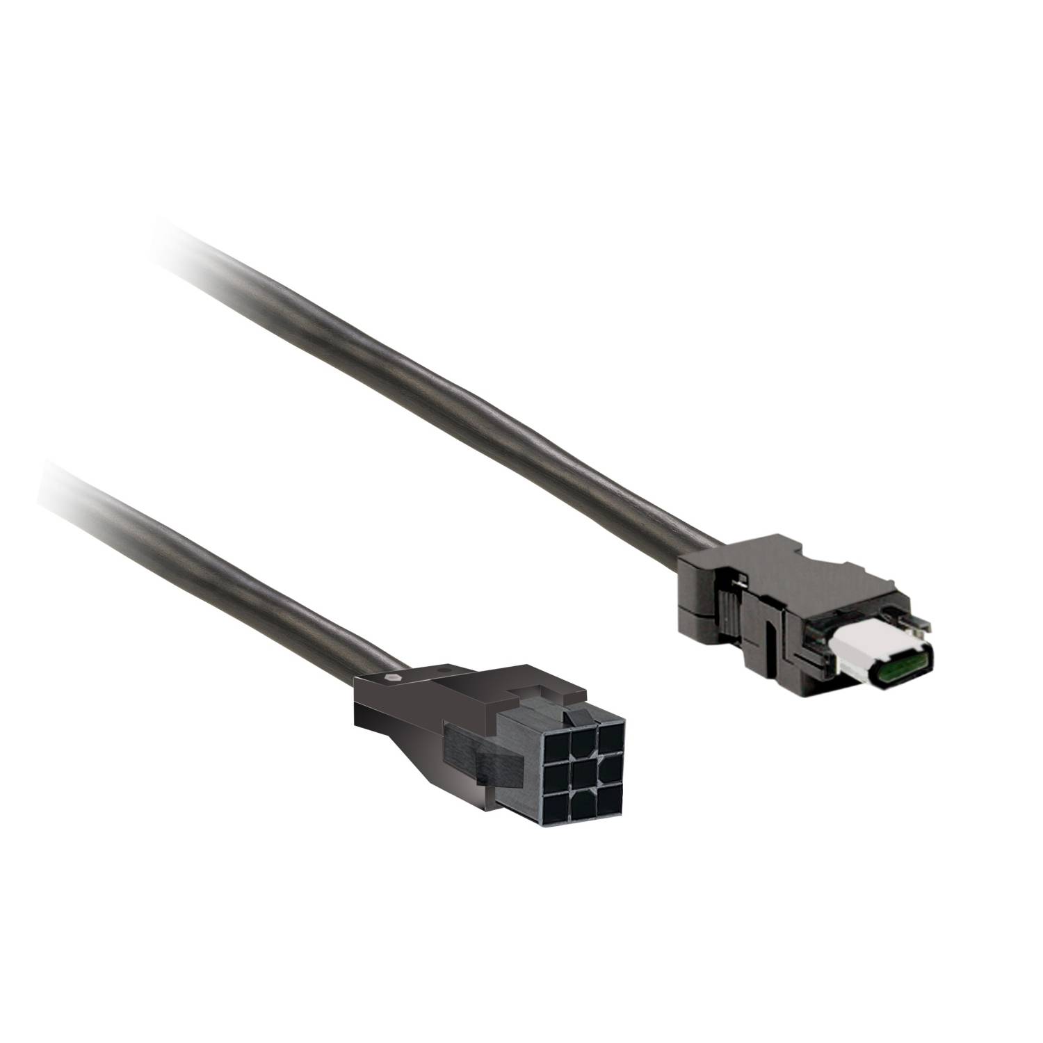 Zwei Kabelanschlüsse, links ein sechspoliger Stromstecker, rechts ein USB-C-Stecker. Hauptsächlich für Computerhardware verwendet.