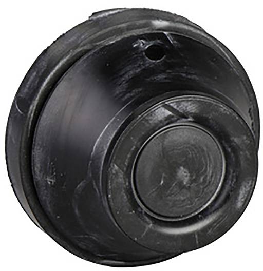 Ein einzelner runder, schwarzer Knopf mit leicht abgenutzter Oberfläche, möglicherweise ein Druckknopf oder Schalter.