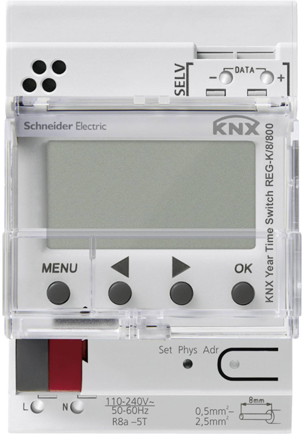 Elektronische Zeitschaltuhr von Schneider Electric mit digitalem Display, Knöpfen für Menü und OK. Nutzt KNX-Technologie.