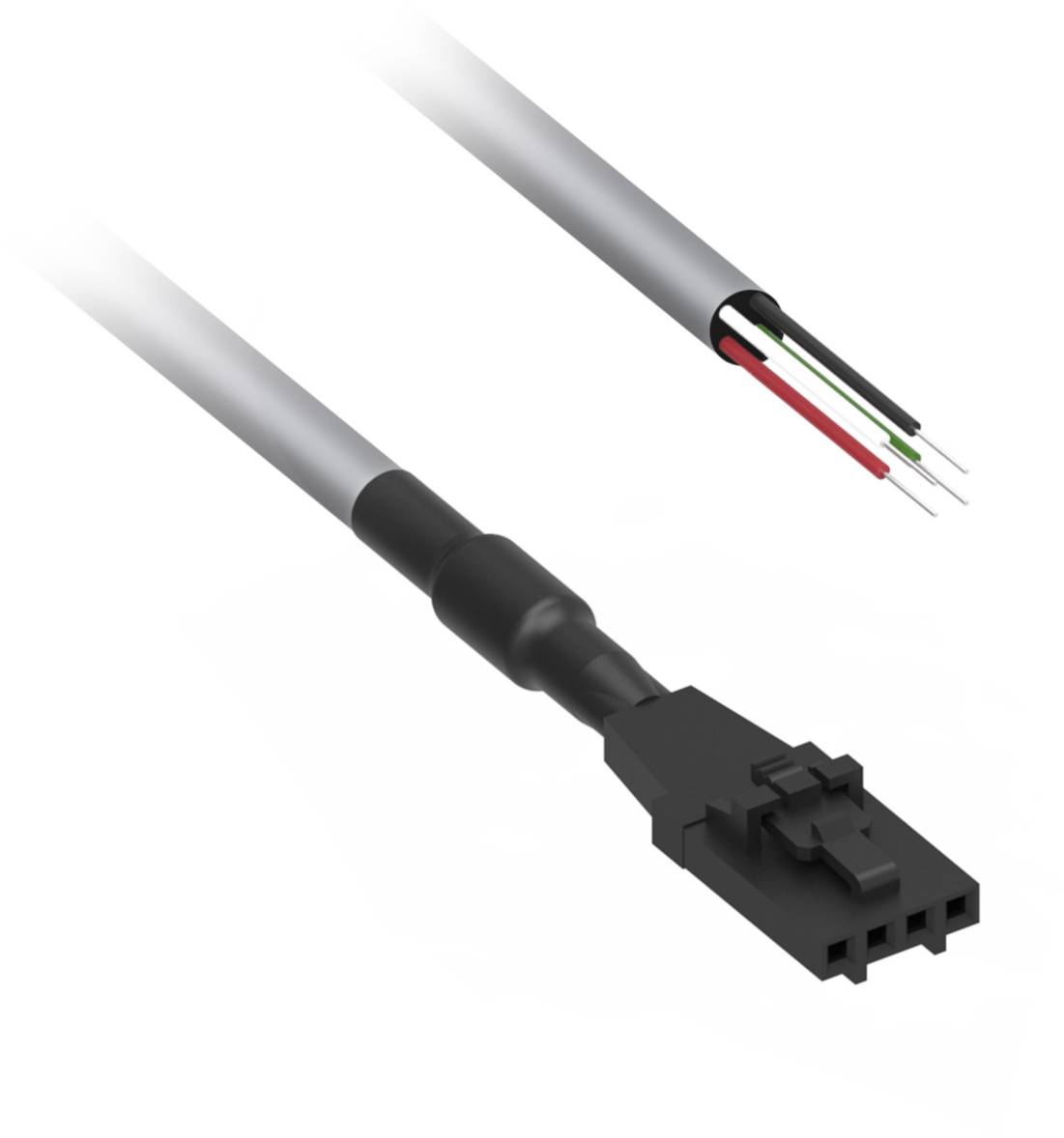 Kabel mit schwarzem Stecker und offenliegenden Enden in Rot, Grün, Schwarz. Geeignet zum Verbinden elektrischer Geräte.