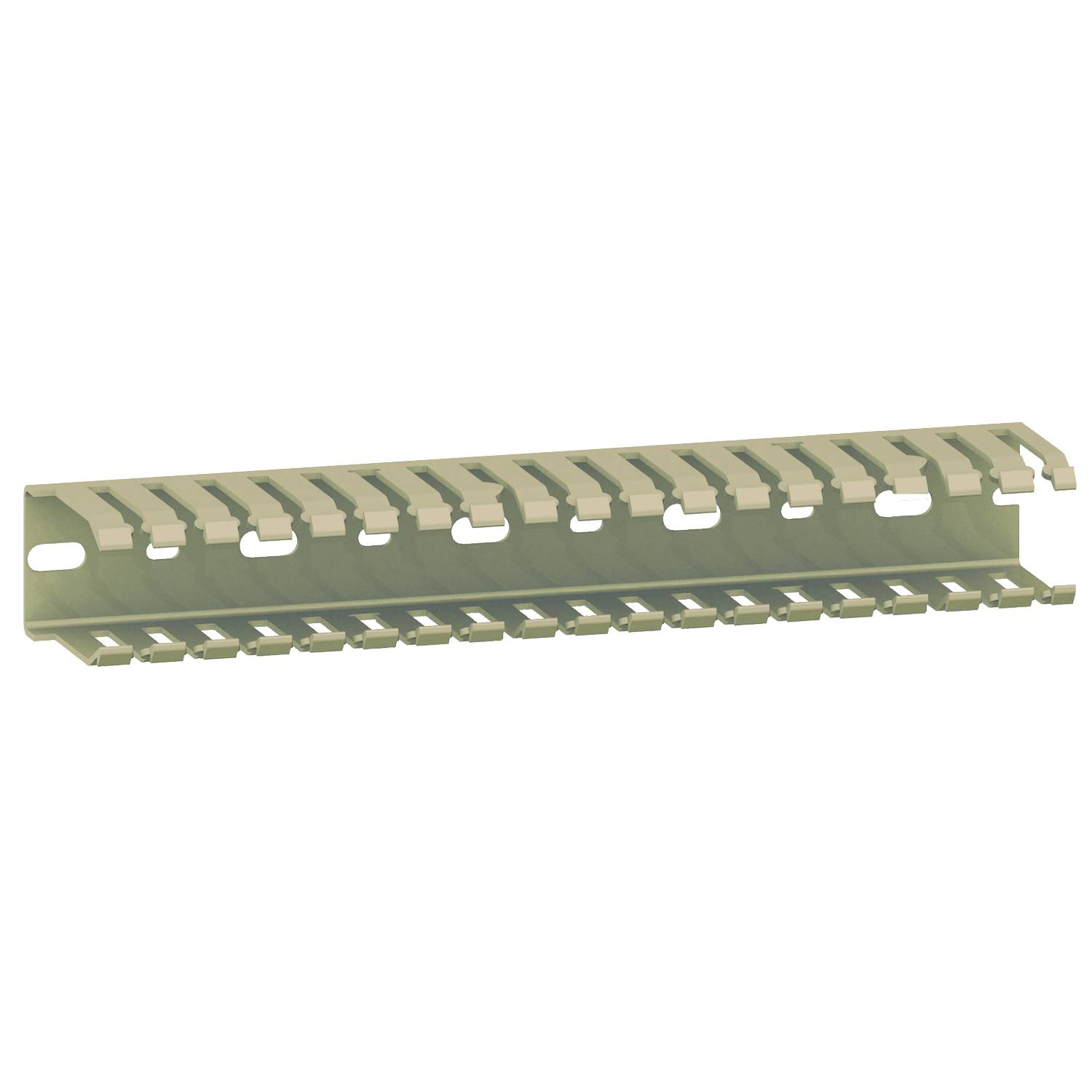 Ein Kabelkanal mit offenem Schlitzdesign zur Aufnahme und Führung von Kabeln. Beige Kunststoff, rechteckig, mit seitlichen Öffnungen.