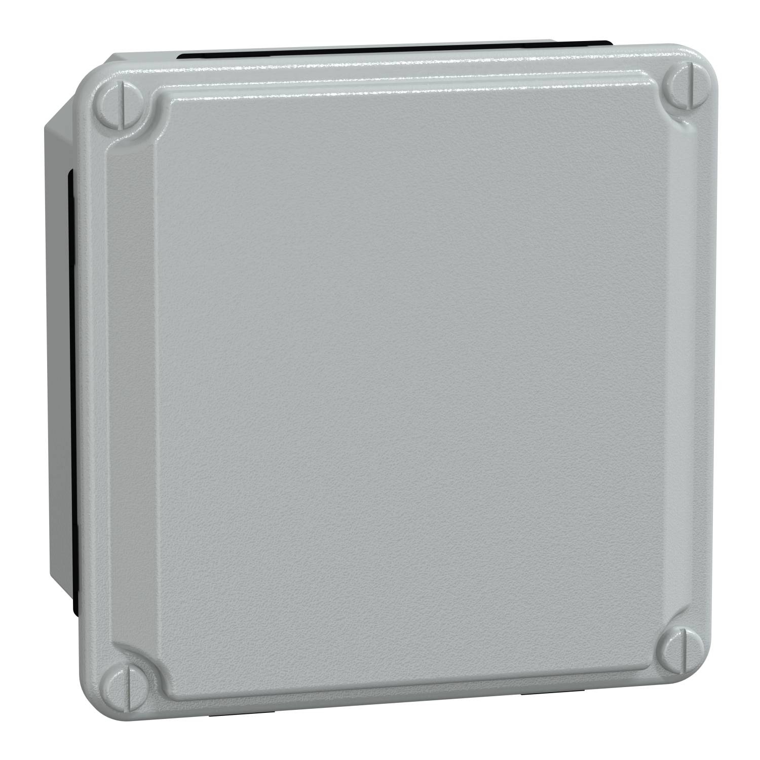 Graues, quadratisches Kunststoffgehäuse mit abgerundeten Ecken und Verschraubungen an jeder Ecke. Geeignet für Außenelektronik.