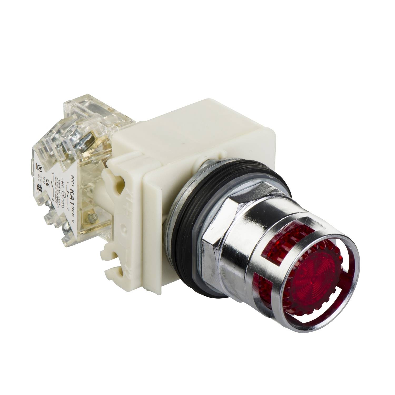 Ein roter Knopf mit Metallrahmen und durchsichtigem Gehäuse, geeignet als Signalgeber in elektrischen Geräten oder Schaltkreisen.