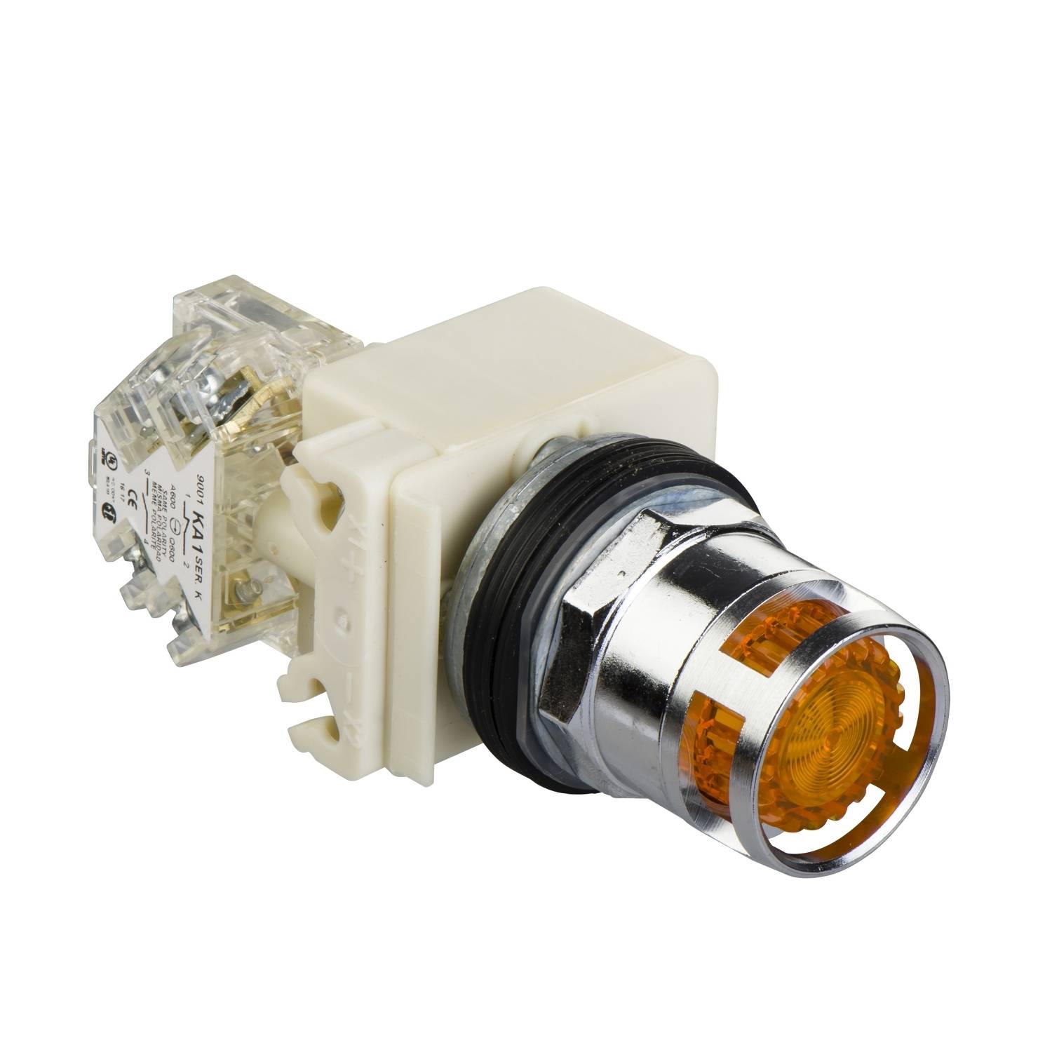 Ein gelber Lichtschalter mit Kunststoffgehäuse und Metalloberfläche; dient zur Steuerung elektrischer Geräte.