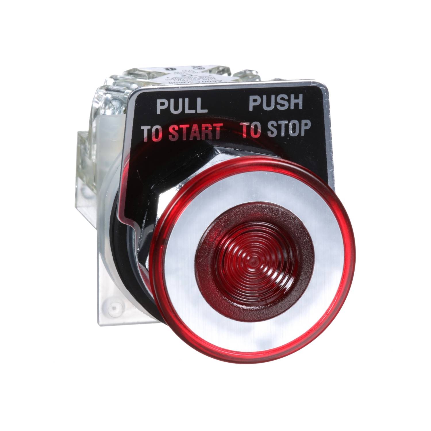 Ein roter, kreisförmiger Knopf mit der Aufschrift 'PULL TO START' und 'PUSH TO STOP', geeignet für die Steuerung von Maschinen.