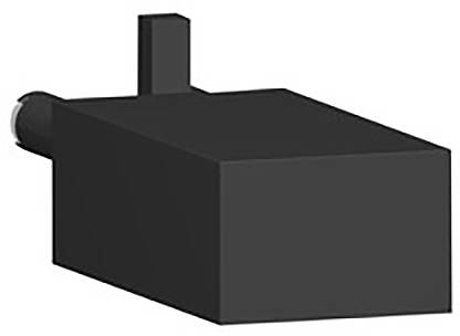 Schwarzes, rechteckiges 3D-Objekt mit einem kleinen, aufrecht stehenden Zylinder und einem horizontalen Zylinder auf der linken Seite.