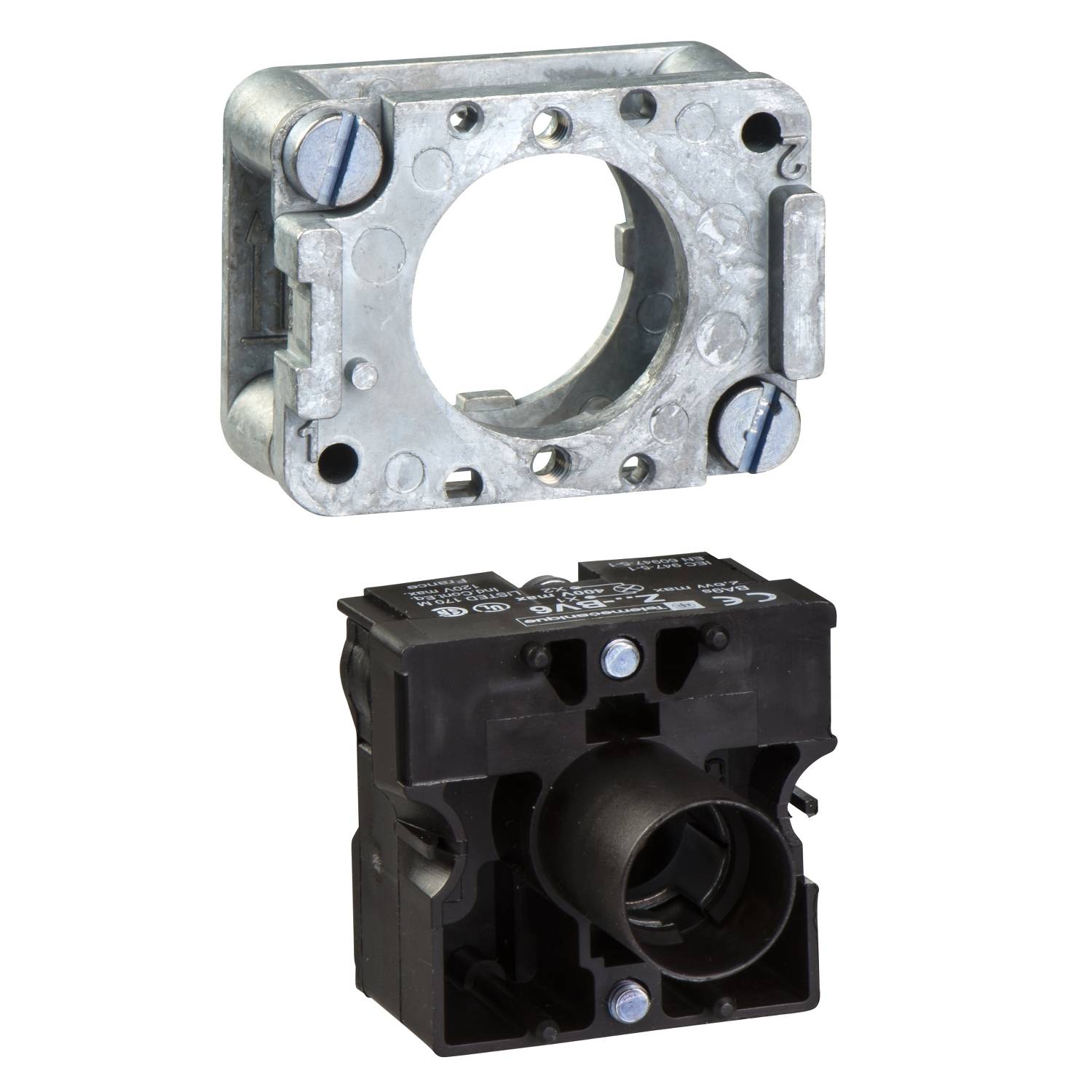 Metallrahmen und schwarzer Kunststoffteil eines mechanischen Schalters, möglicherweise zur Steuerung elektrischer Geräte.