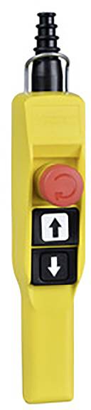 Gelber Steuergriff mit rotem Not-Aus-Schalter und zwei schwarzen Richtungstasten, eine für Aufwärts- und eine für Abwärtsbewegung.